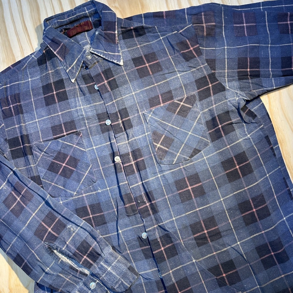 Kingsport Mens Large Blue Plaid Flannel Shirt Distressed Thrashed Grunge